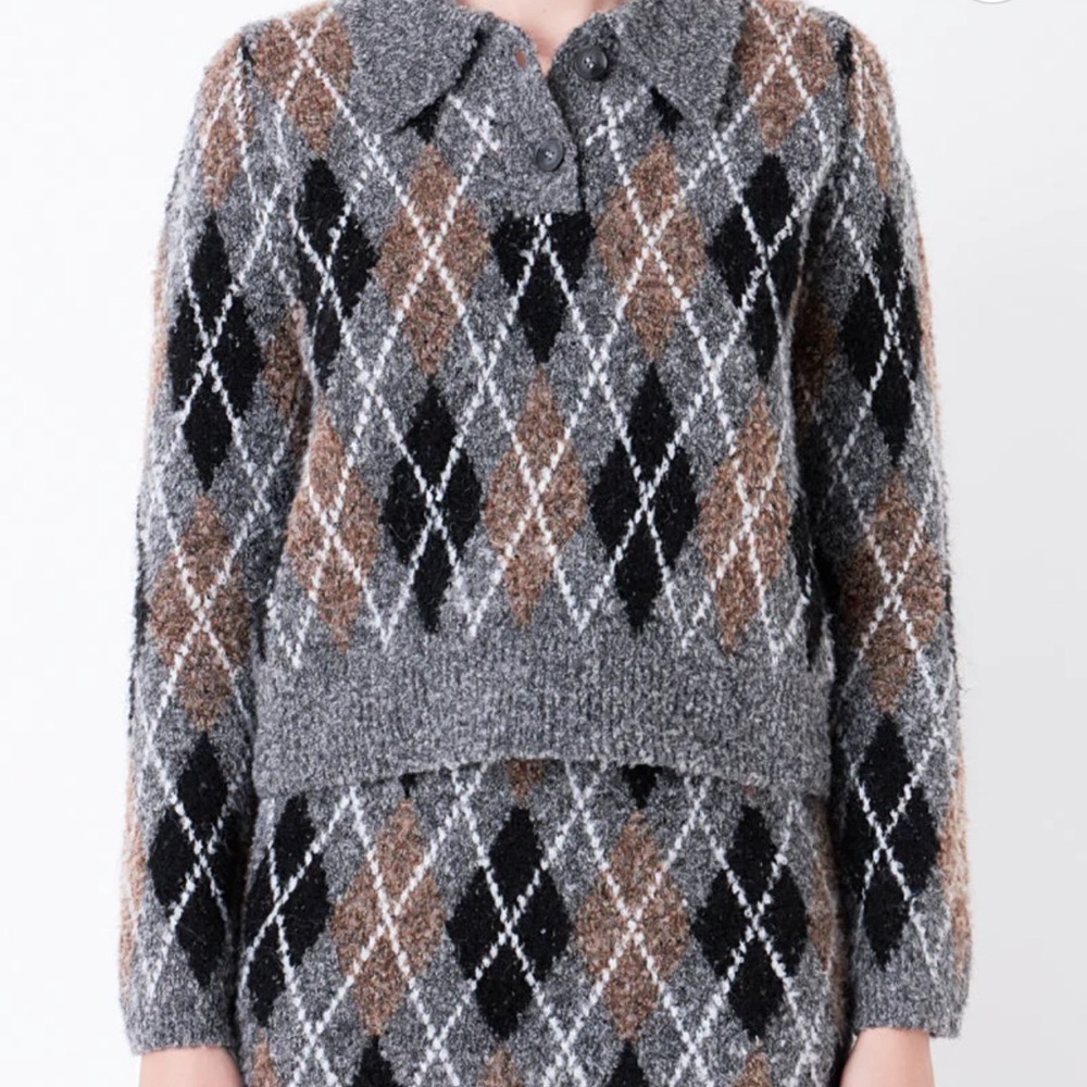 NEW! GREY LAB Argyle Crew Neck Sweater in Gray, Black, and Brown